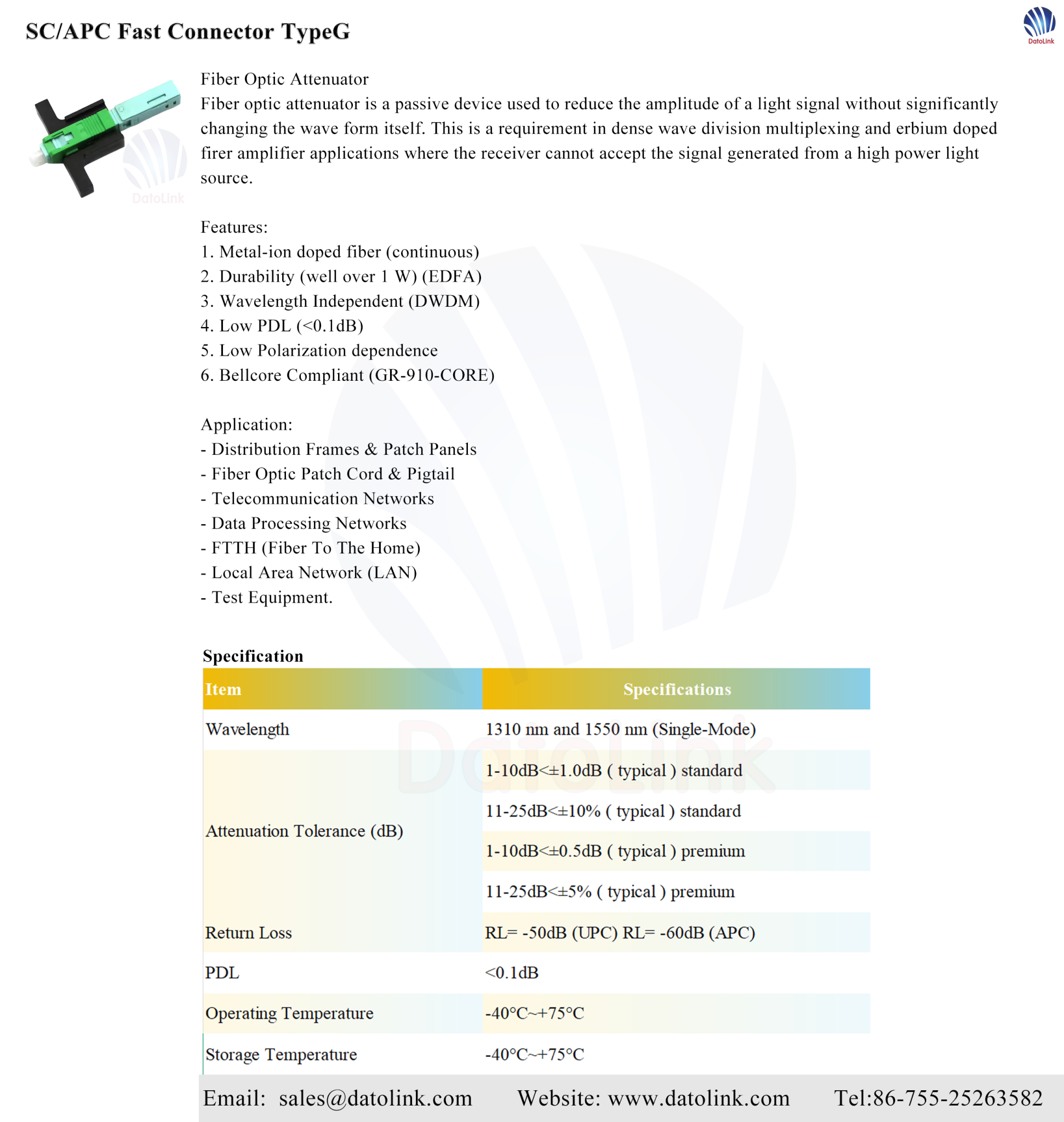 SC/APC Fast Connector TypeG